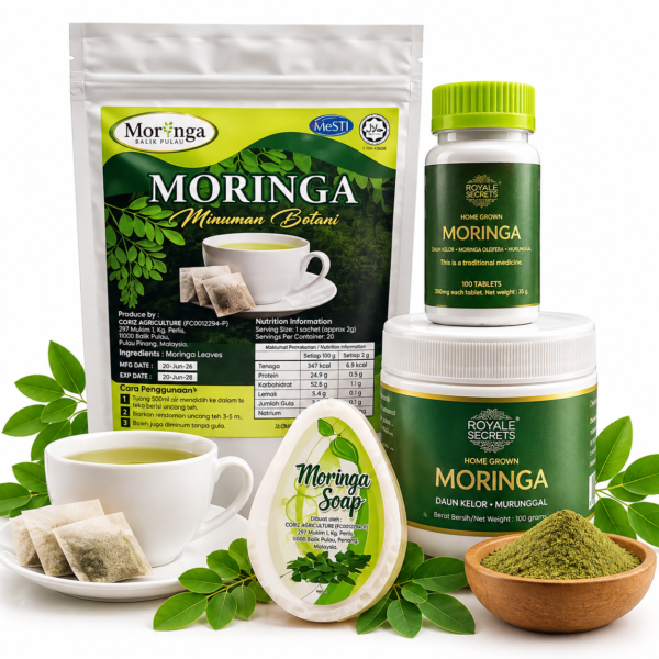 Pakej Moringa Tea, Serbuk Moringa 100g, Sabun Daun Moringa dan Tablet Moringa 100pcs