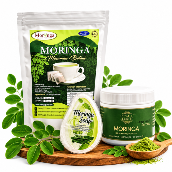 Pakej Moringa Tea, Serbuk Moringa 100g dan Sabun Daun Moringa